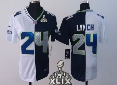 Nike Seattle Seahawks #24 Marshawn Lynch 2015 Super Bowl XLIX White/Navy Blue Two Tone Womens Jersey