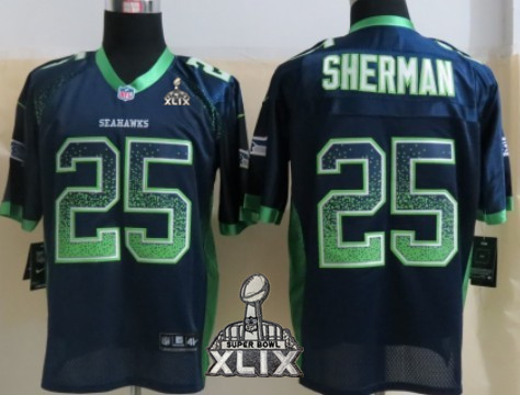 Nike Seattle Seahawks #25 Richard Sherman 2015 Super Bowl XLIX 2013 Drift Fashion Blue Elite Jersey