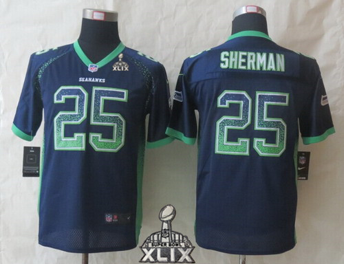 Nike Seattle Seahawks #25 Richard Sherman 2015 Super Bowl XLIX 2013 Drift Fashion Blue Kids Jersey