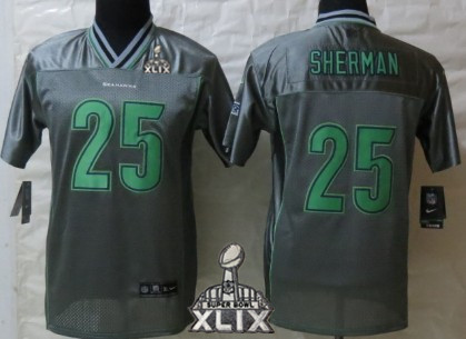 Nike Seattle Seahawks #25 Richard Sherman 2015 Super Bowl XLIX 2013 Gray Vapor Kids Jersey