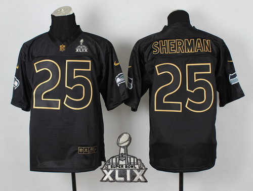 Nike Seattle Seahawks #25 Richard Sherman 2015 Super Bowl XLIX All BlackGold Elite Jersey