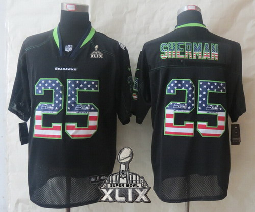 Nike Seattle Seahawks #25 Richard Sherman 2015 Super Bowl XLIX 2014 USA Flag Fashion Black Elite Jersey