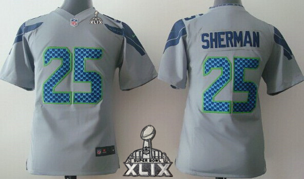 Nike Seattle Seahawks #25 Richard Sherman 2015 Super Bowl XLIX Gray Game Kids Jersey