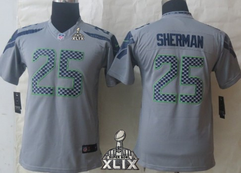Nike Seattle Seahawks #25 Richard Sherman 2015 Super Bowl XLIX Gray Limited Kids Jersey
