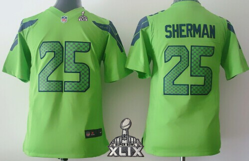 Nike Seattle Seahawks #25 Richard Sherman 2015 Super Bowl XLIX Green Game Kids Jersey