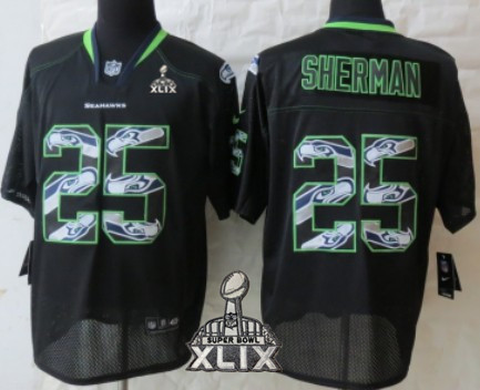 Nike Seattle Seahawks #25 Richard Sherman 2015 Super Bowl XLIX Lights Out Black Ornamented Elite Jersey