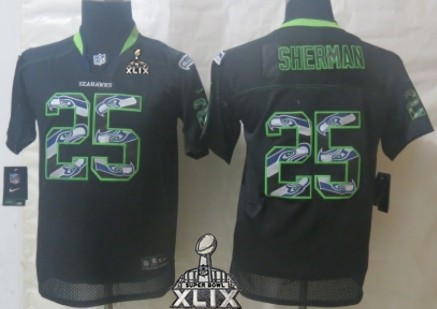 Nike Seattle Seahawks #25 Richard Sherman 2015 Super Bowl XLIX Lights Out Black Ornamented Kids Jersey