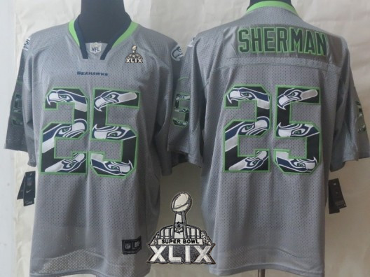 Nike Seattle Seahawks #25 Richard Sherman 2015 Super Bowl XLIX Lights Out Gray Ornamented Elite Jersey