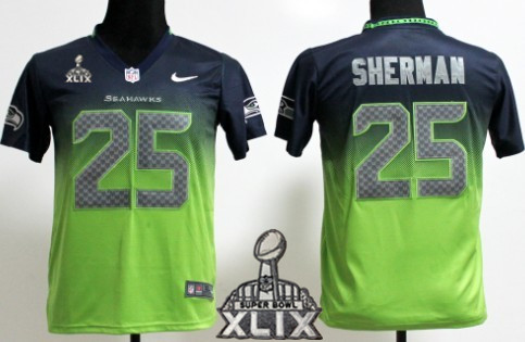 Nike Seattle Seahawks #25 Richard Sherman 2015 Super Bowl XLIX Navy Blue/Green Fadeaway Kids Jersey