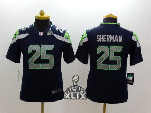 Nike Seattle Seahawks #25 Richard Sherman 2015 Super Bowl XLIX Navy Blue Limited Kids Jersey