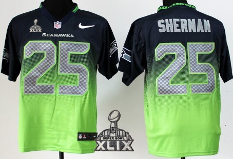 Nike Seattle Seahawks #25 Richard Sherman 2015 Super Bowl XLIX Navy Blue/Green Fadeaway Elite Jersey