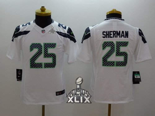 Nike Seattle Seahawks #25 Richard Sherman 2015 Super Bowl XLIX White Limited Kids Jersey
