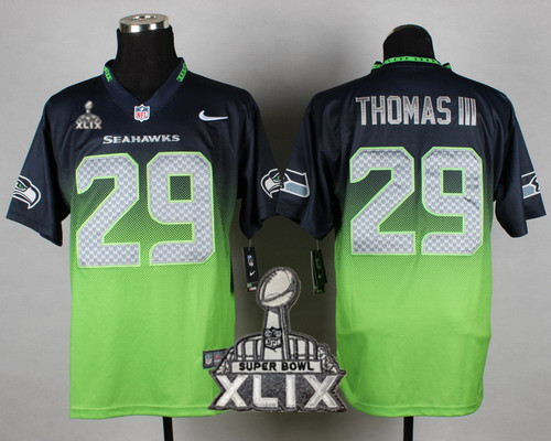 Nike Seattle Seahawks #29 Earl Thomas III 2015 Super Bowl XLIX Navy Blue/Green Fadeaway Elite Jersey