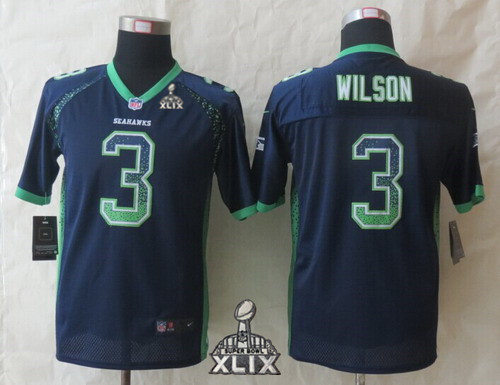 Nike Seattle Seahawks #3 Russell Wilson 2015 Super Bowl XLIX 2013 Drift Fashion Blue Kids Jersey