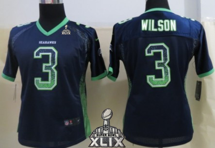 Nike Seattle Seahawks #3 Russell Wilson 2015 Super Bowl XLIX 2013 Drift Fashion Blue Womens Jersey