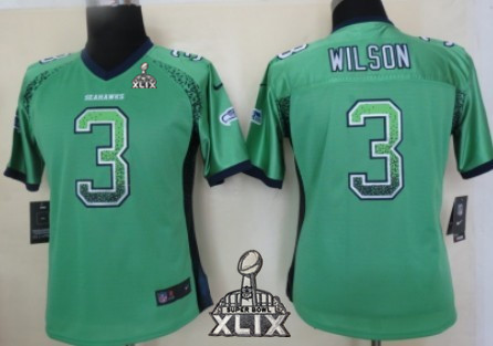 Nike Seattle Seahawks #3 Russell Wilson 2015 Super Bowl XLIX 2013 Drift Fashion Green Womens Jersey