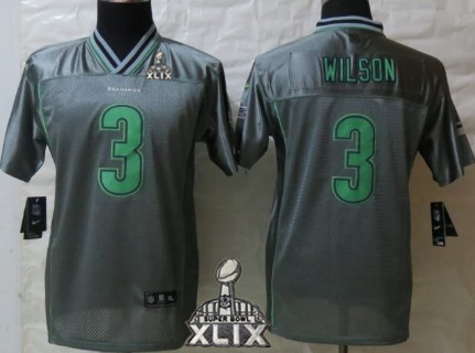 Nike Seattle Seahawks #3 Russell Wilson 2015 Super Bowl XLIX 2013 Gray Vapor Kids Jersey