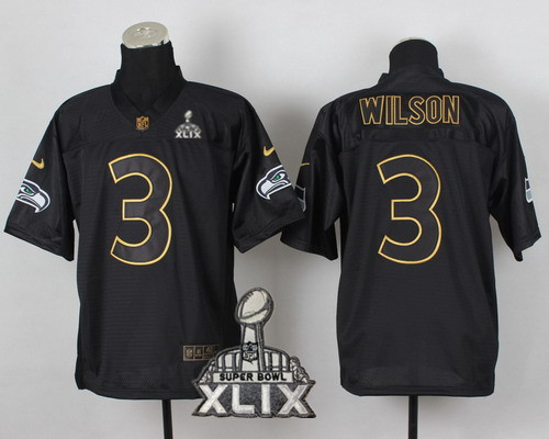 Nike Seattle Seahawks #3 Russell Wilson 2015 Super Bowl XLIX All BlackGold Elite Jersey