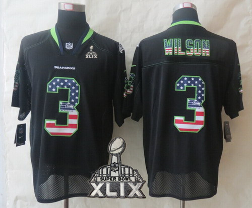 Nike Seattle Seahawks #3 Russell Wilson 2015 Super Bowl XLIX 2014 USA Flag Fashion Black Elite Jersey