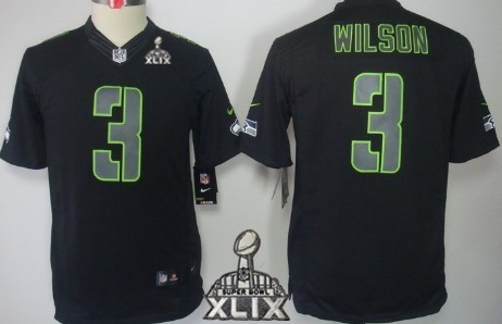 Nike Seattle Seahawks #3 Russell Wilson 2015 Super Bowl XLIX Black Impact Limited Kids Jersey