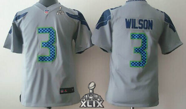 Nike Seattle Seahawks #3 Russell Wilson 2015 Super Bowl XLIX Gray Game Kids Jersey