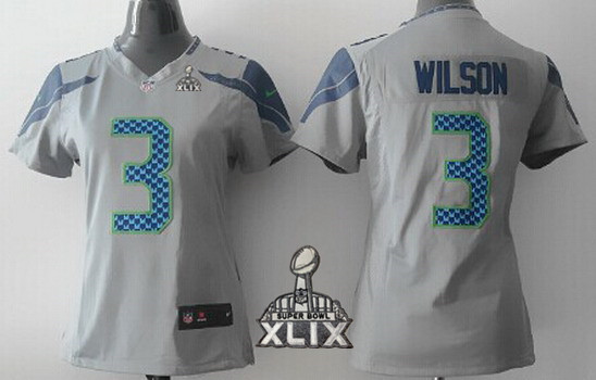 Nike Seattle Seahawks #3 Russell Wilson 2015 Super Bowl XLIX Gray Game Womens Jersey