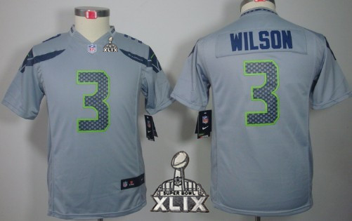 Nike Seattle Seahawks #3 Russell Wilson 2015 Super Bowl XLIX Gray Limited Kids Jersey