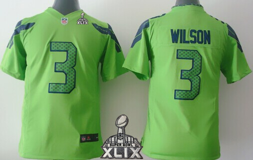 Nike Seattle Seahawks #3 Russell Wilson 2015 Super Bowl XLIX Green Game Kids Jersey
