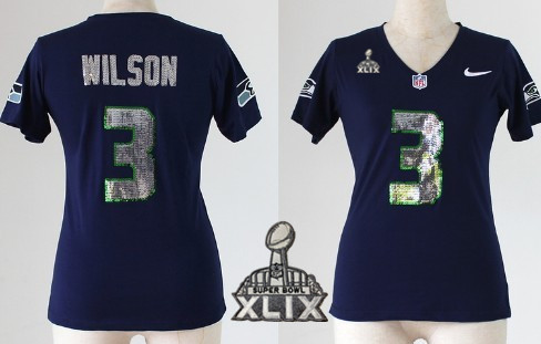 Nike Seattle Seahawks #3 Russell Wilson 2015 Super Bowl XLIX Handwork Sequin Lettering Fashion Blue Womens Jersey