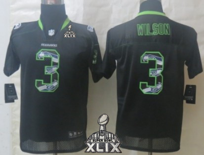 Nike Seattle Seahawks #3 Russell Wilson 2015 Super Bowl XLIX Lights Out Black Ornamented Kids Jersey
