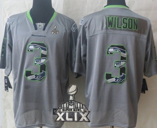 Nike Seattle Seahawks #3 Russell Wilson 2015 Super Bowl XLIX Lights Out Gray Ornamented Elite Jersey