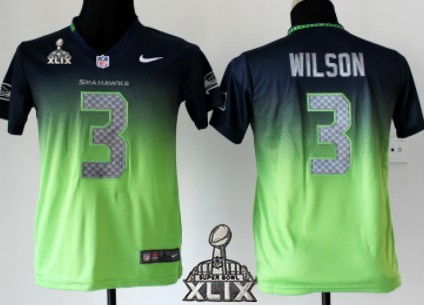 Nike Seattle Seahawks #3 Russell Wilson 2015 Super Bowl XLIX Navy/Blue Green Fadeaway Kids Jersey