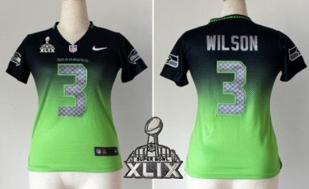 Nike Seattle Seahawks #3 Russell Wilson 2015 Super Bowl XLIX Navy Blue/Green Fadeaway Womens Jersey