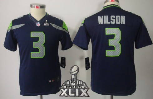 Nike Seattle Seahawks #3 Russell Wilson 2015 Super Bowl XLIX Navy Blue Limited Kids Jersey