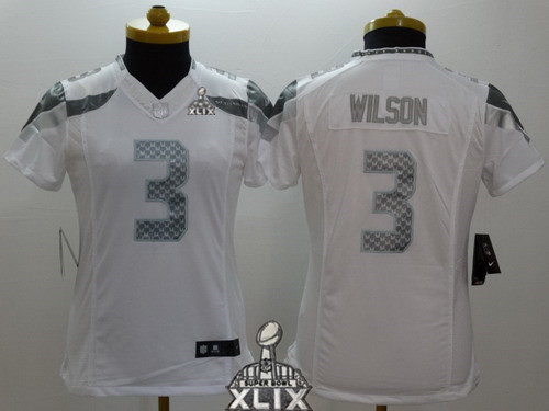 Nike Seattle Seahawks #3 Russell Wilson 2015 Super Bowl XLIX Platinum White Limited Womens Jersey