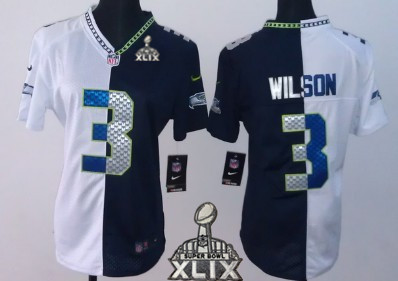 Nike Seattle Seahawks #3 Russell Wilson 2015 Super Bowl XLIX White/Navy Blue Two Tone Womens Jersey