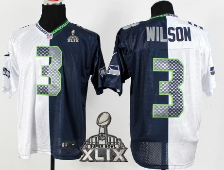 Nike Seattle Seahawks #3 Russell Wilson 2015 Super Bowl XLIX White/Navy Blue Two Tone Elite Jersey