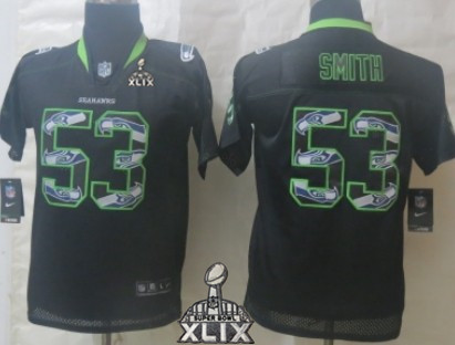 Nike Seattle Seahawks #53 Malcolm Smith 2015 Super Bowl XLIX Lights Out Black Ornamented Kids Jersey