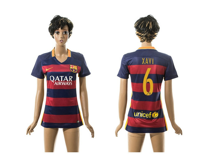 Womens 2015-2016 Barcelona Thailand Soccer Jersey #6 XAVI