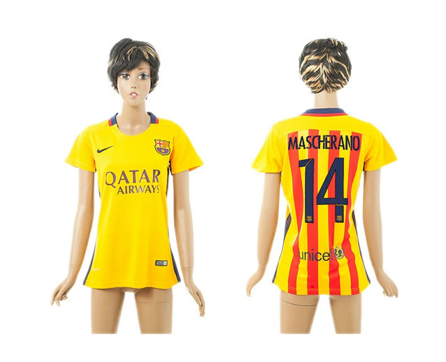 Womens 2015-2016 Barcelona Thailand Soccer Jersey Yellow #14