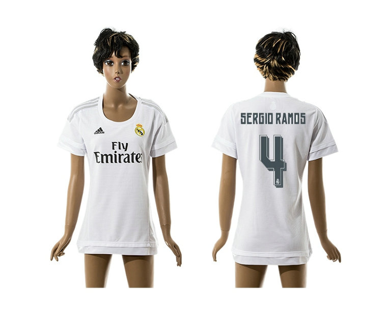 Womens 2015-2016 Real Madrid Home Thailand Soccer Jersey White Short Sleeves #4
