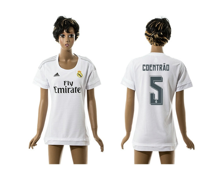 Womens 2015-2016 Real Madrid Home Thailand Soccer Jersey White Short Sleeves #5