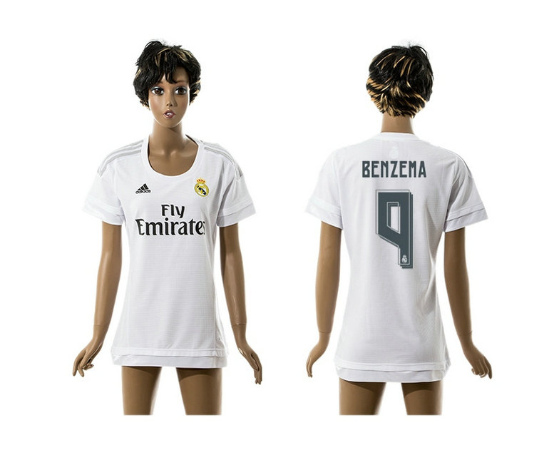Womens 2015-2016 Real Madrid Home Thailand Soccer Jersey White Short Sleeves #9