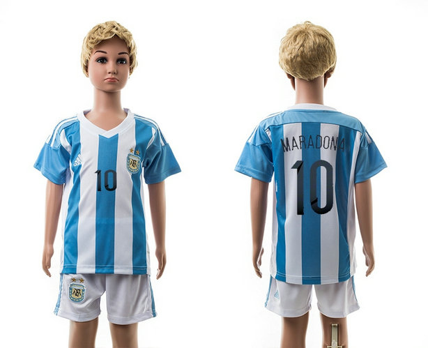 Youth 2015-16 Agentina Home Soccer Jersey Short Sleeves #10 MARADONA