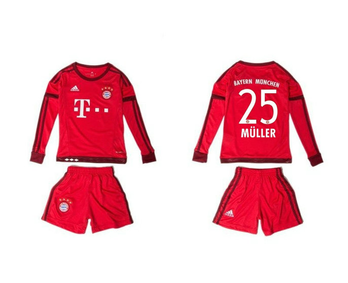 Youth 2015-16 Bayern Munich Jersey Soccer Uniform Red Long Sleeves #25