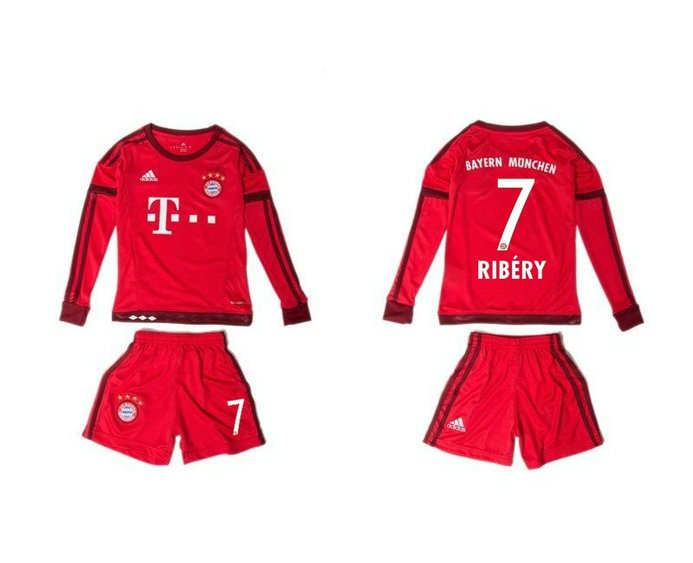 Youth 2015-16 Bayern Munich Jersey Soccer Uniform Red Long Sleeves #7