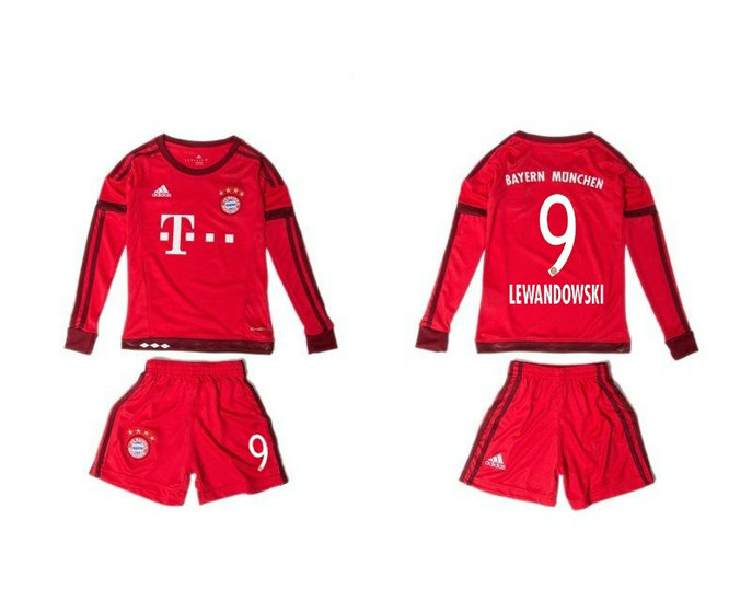 Youth 2015-16 Bayern Munich Jersey Soccer Uniform Red Long Sleeves #9