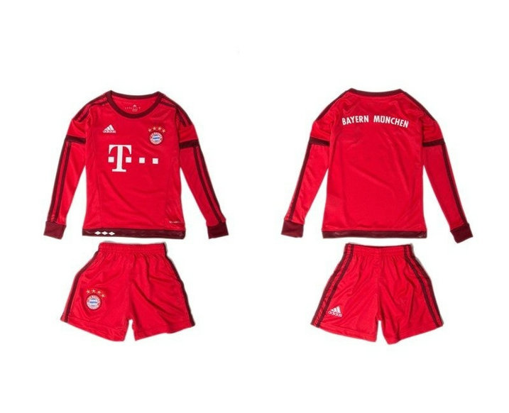 Youth 2015-16 Bayern Munich Jersey Soccer Uniform Red Long Sleeves Blank