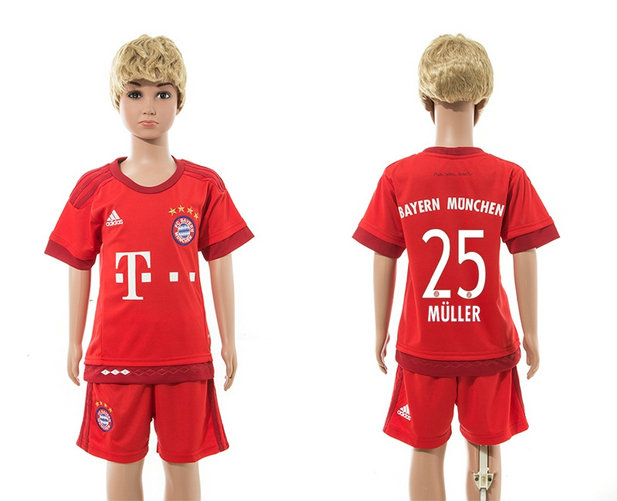 Youth 2015-16 Bayern Munich Jersey Soccer Uniform Red Short Sleeves #25