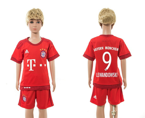 Youth 2015-16 Bayern Munich Jersey Soccer Uniform Red Short Sleeves #9